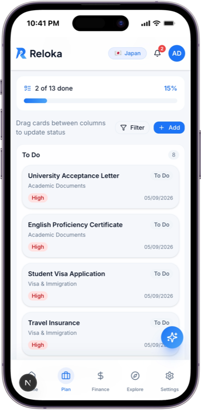 Reloka relocation checklist on mobile
